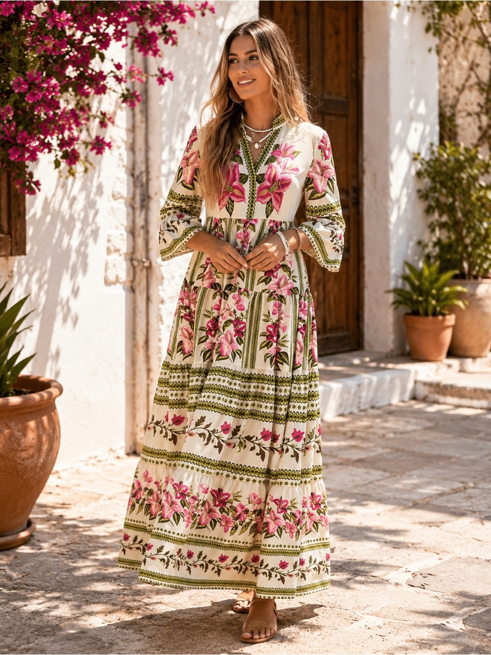 47- NEW Boho Floral Maxi Dress Pink Green Beach Vacation Resort Style
